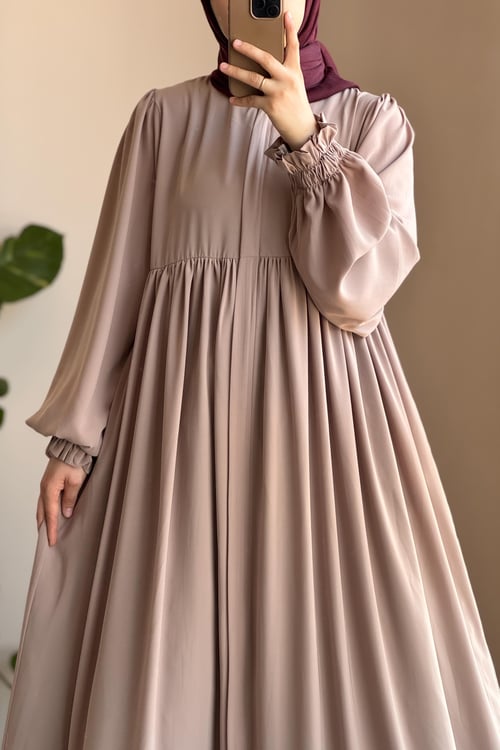 Élégante Abaya Ferace Robalı Beige Fluide Manches Bouffantes Modestie Chic Quotidienne